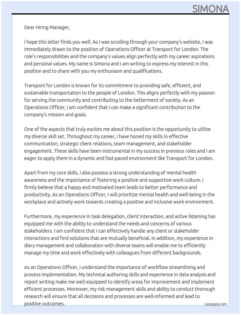 Operations Officer At Transport for London Cover Letter