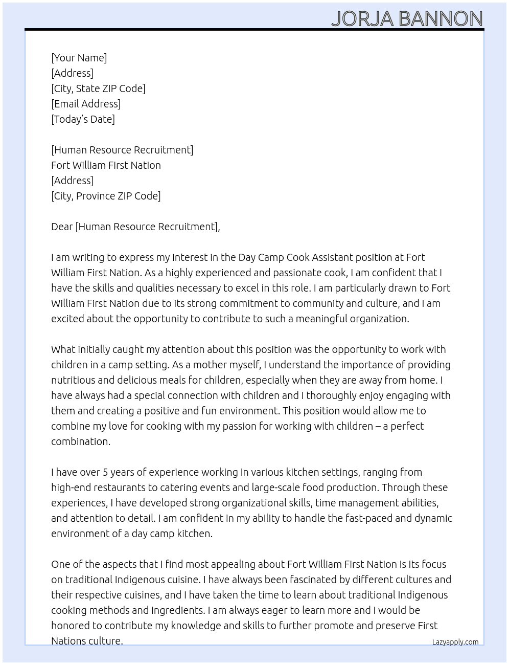 Day camp cook assistant  At Fort William First Nation  Cover Letter