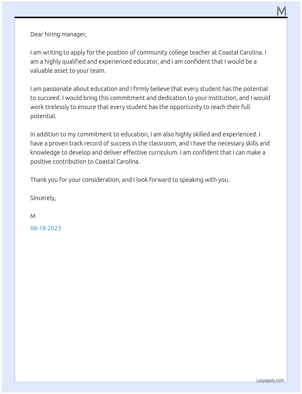 Community College Teacher At Coastal Carolina Cover Letter