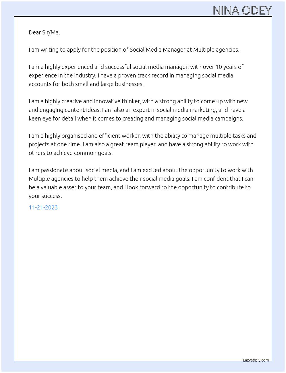 Social media manager At Multiple agencies Cover Letter