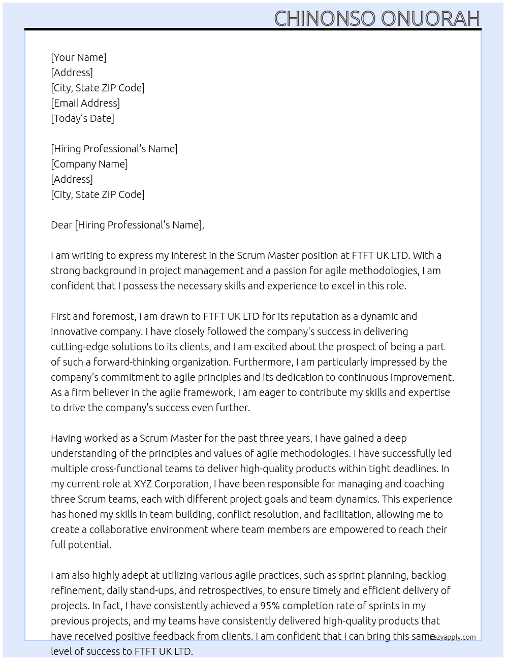 scrum master At FTFT UK LTD Cover Letter