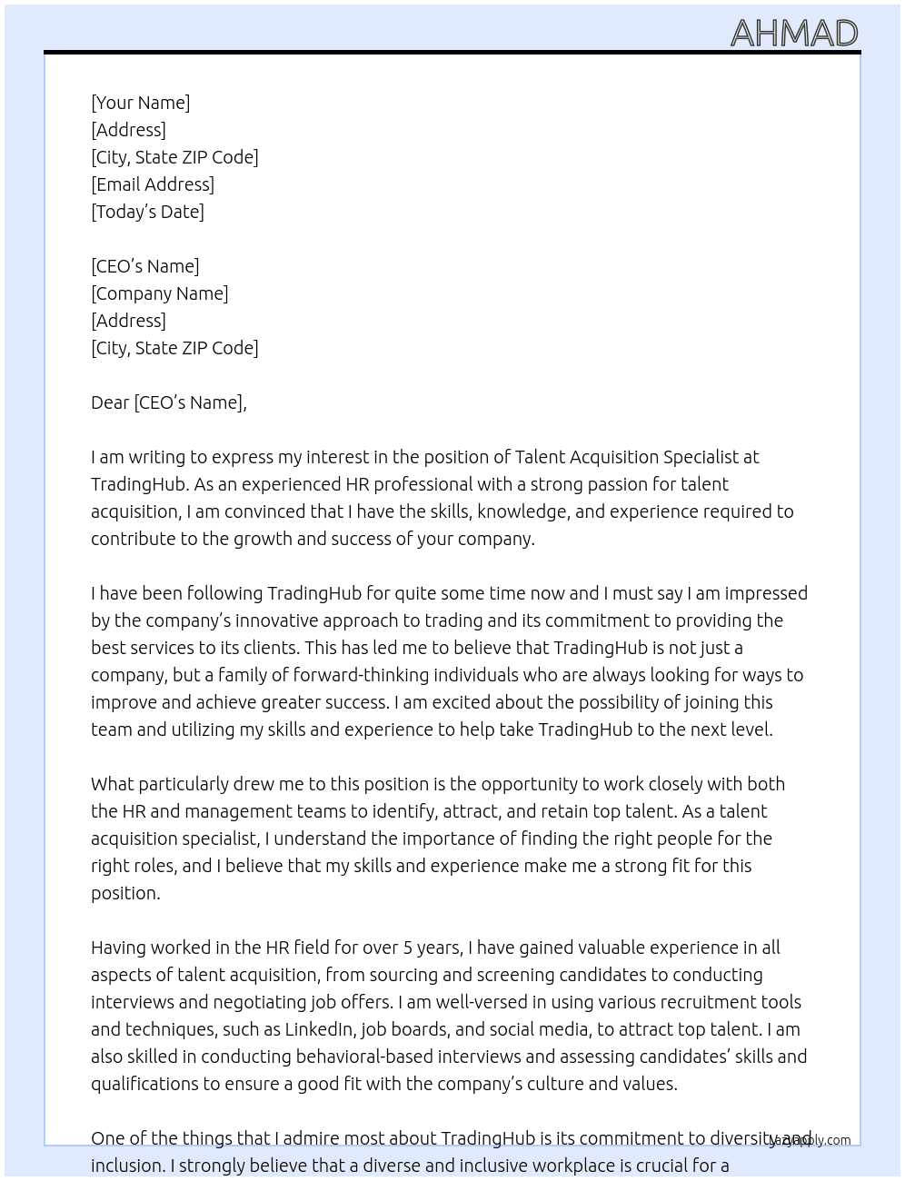 Talent Acquisition Specialist At TradingHub Cover Letter