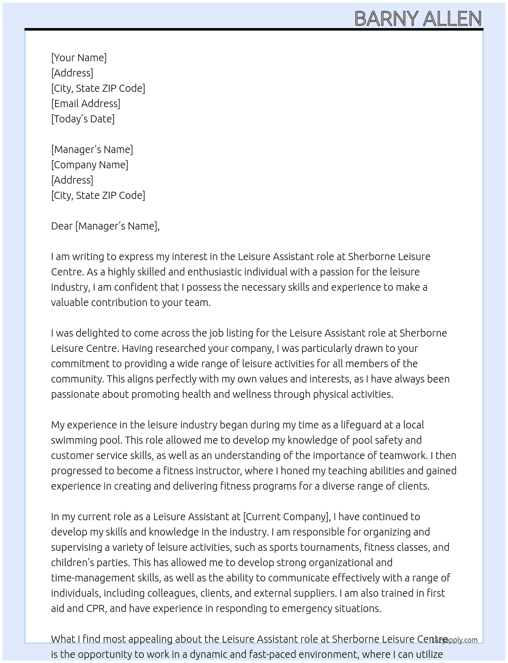 Leisure Assistant  At Sherborne Leisure Centre Cover Letter