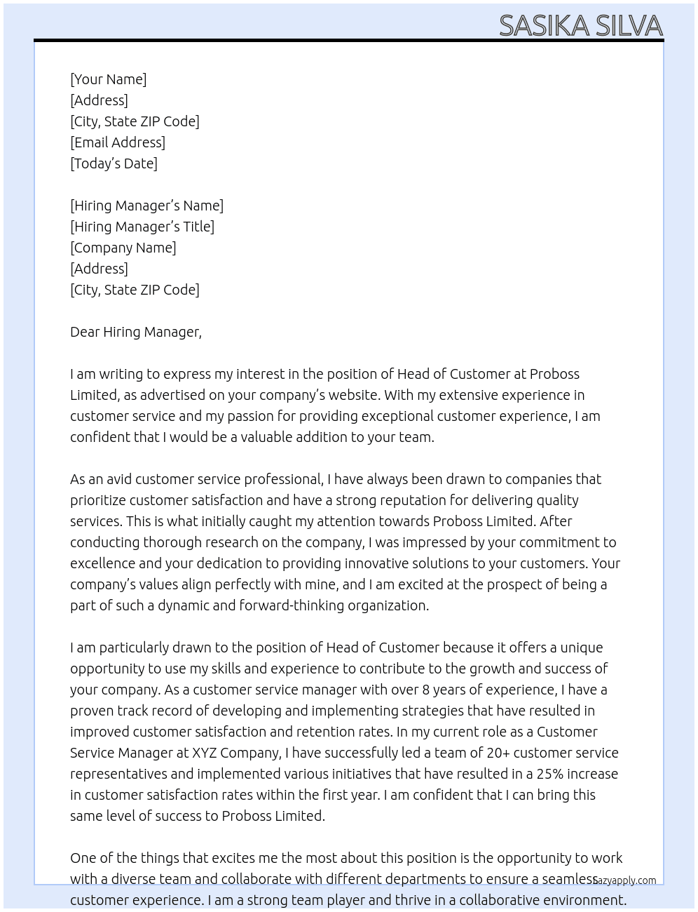 Head of Customer  At Proboss Limited Cover Letter