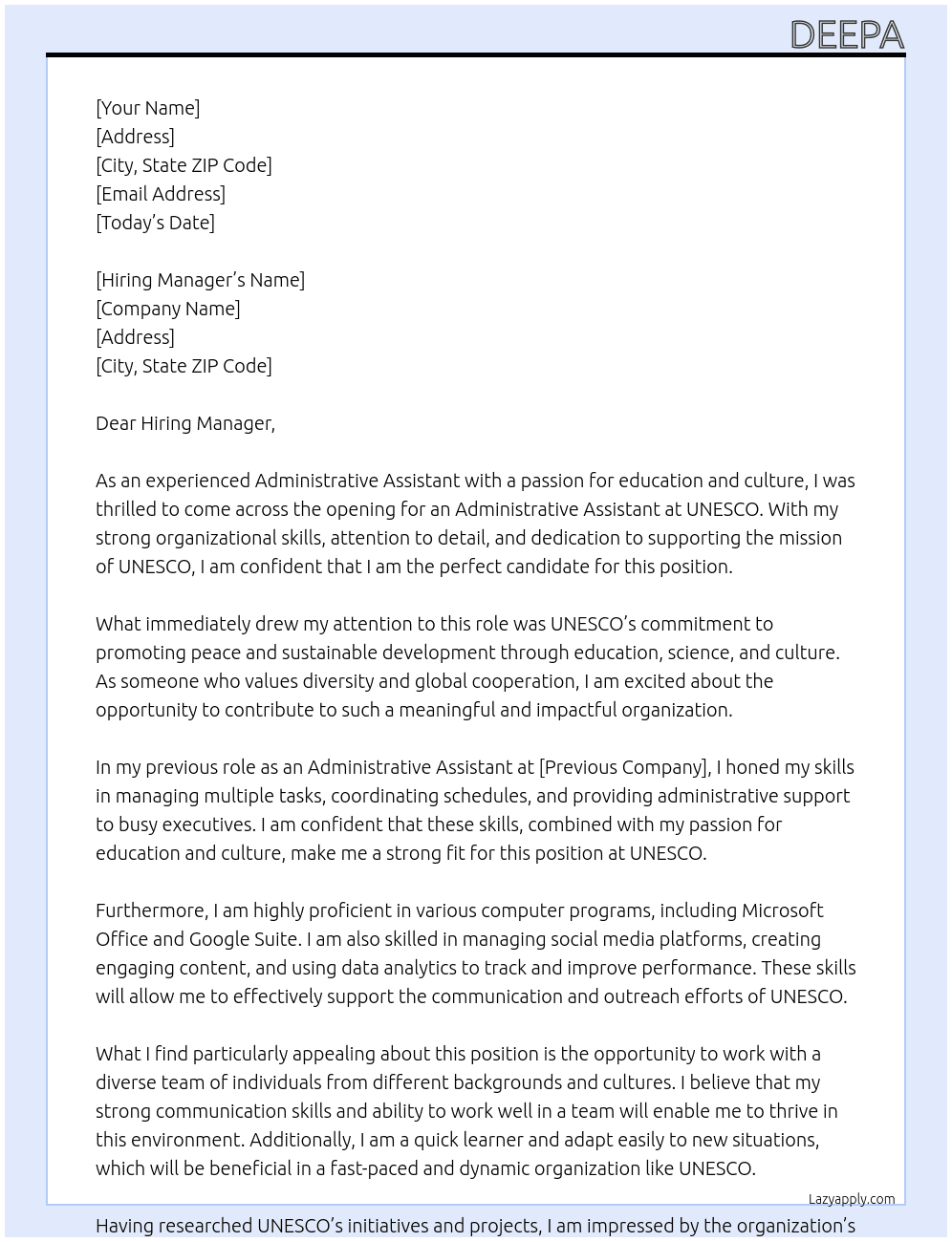 Administrative Assistant At UNESCO Cover Letter