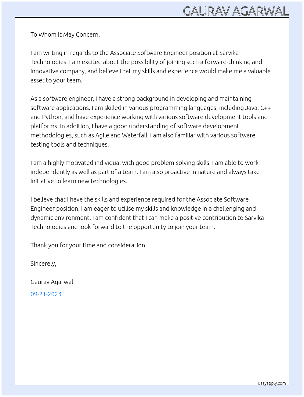 Associate Software Engineer At Sarvika technologies Cover Letter