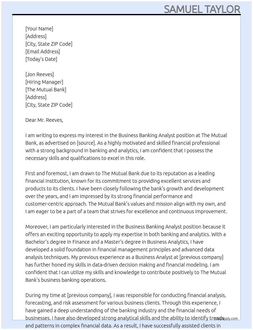 Business Banking Analyst  At The Mutual Bank Cover Letter
