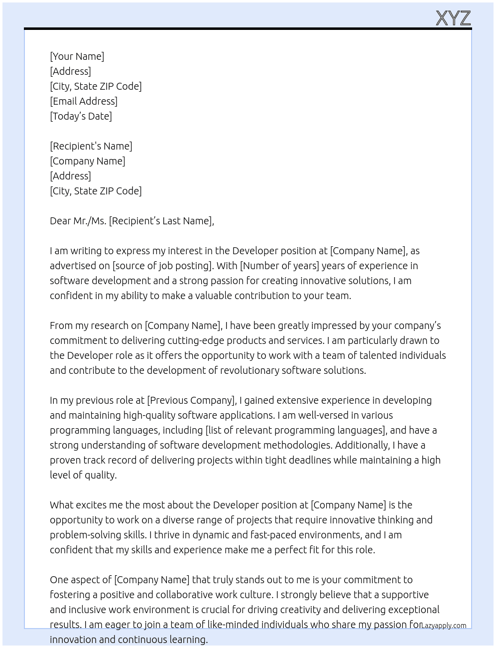 Developer  At Xyz Cover Letter