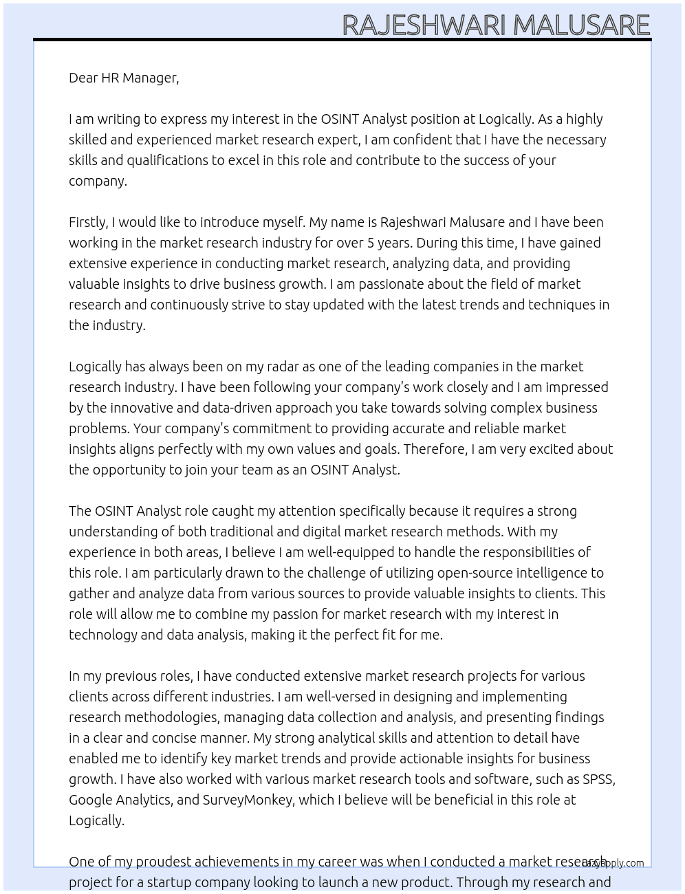 OSINT Analyst At Logically Cover Letter