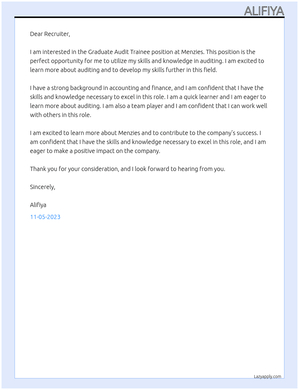 Graduate Audit Trainee At Menzies Cover Letter
