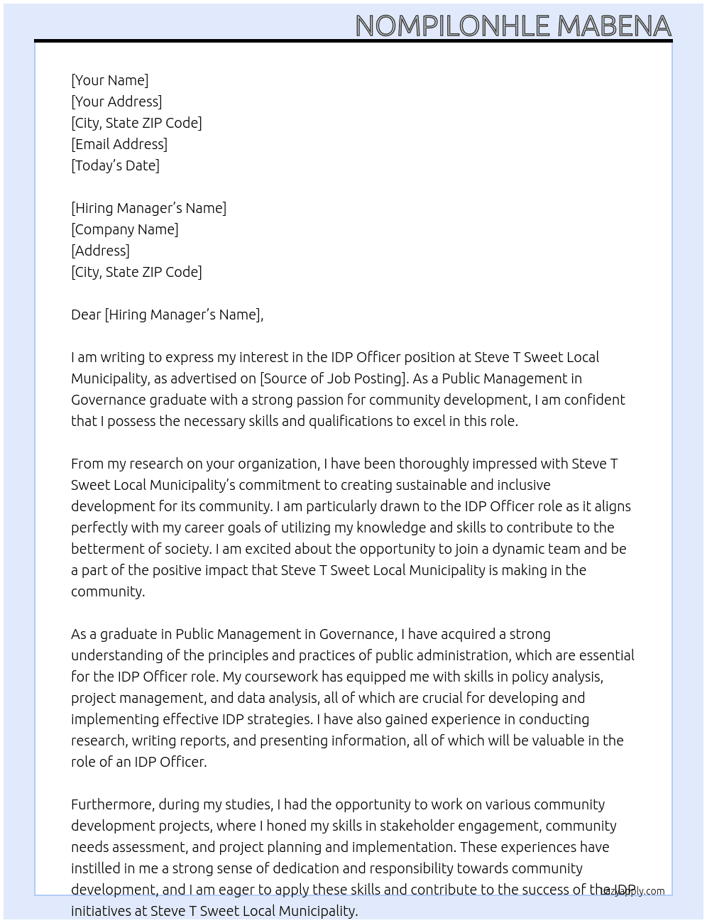 IDP OFFICER At Steve t sweet local municipality Cover Letter