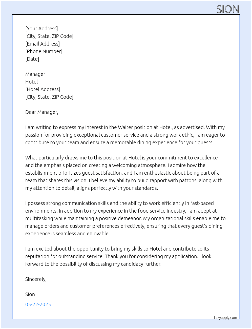 Waiter At Hotel Cover Letter
