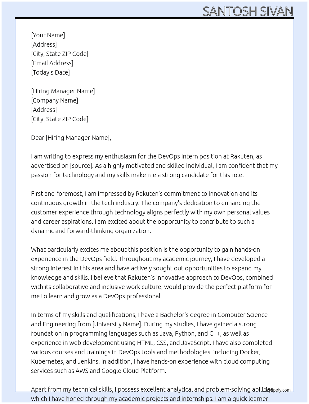 DevOps Intern At Rakuten Cover Letter