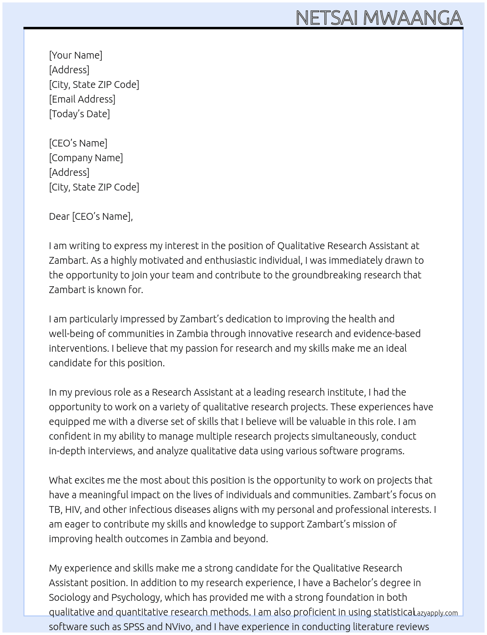qualitative research assistant At zambart Cover Letter