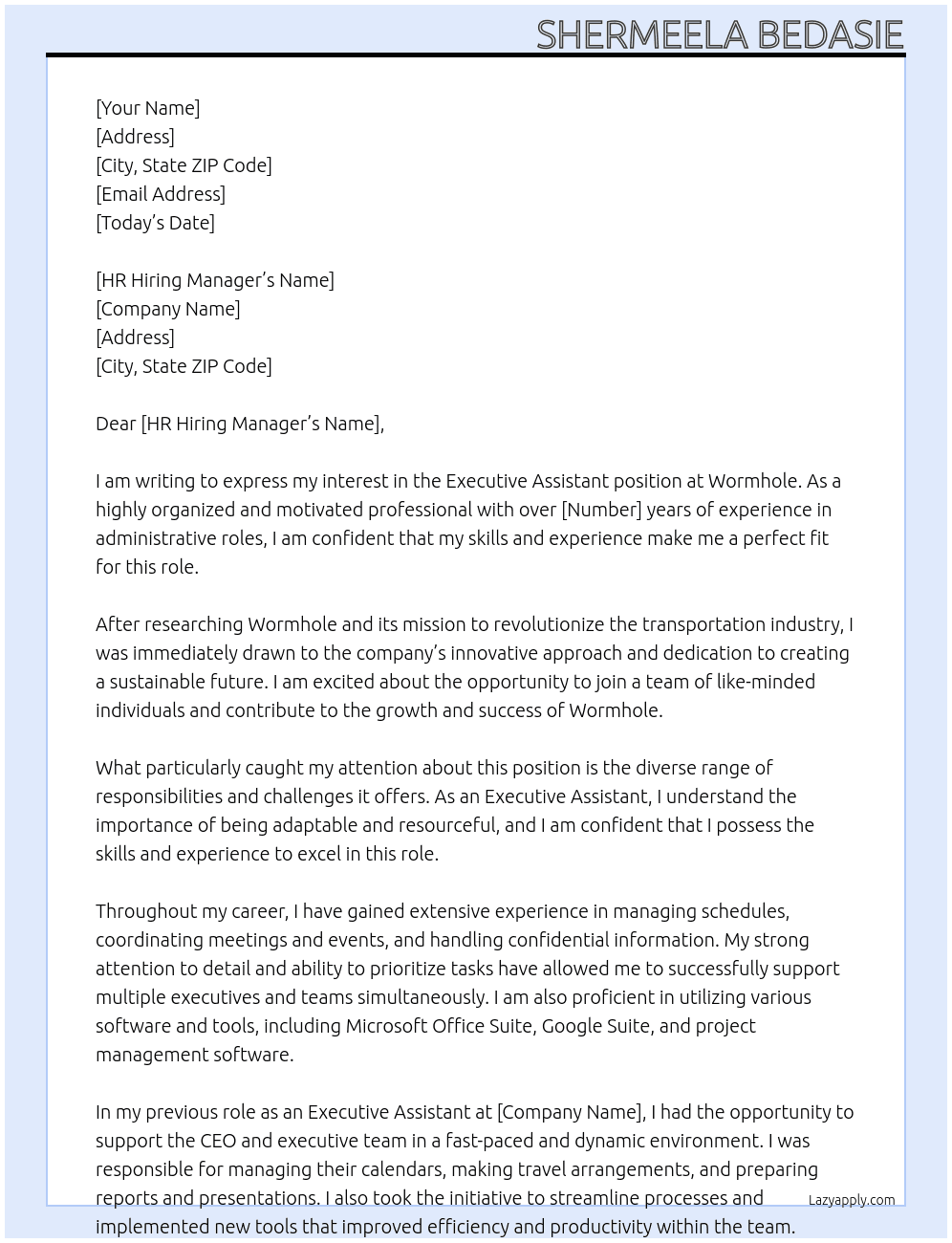 Executive Assistant At Wormhole Cover Letter