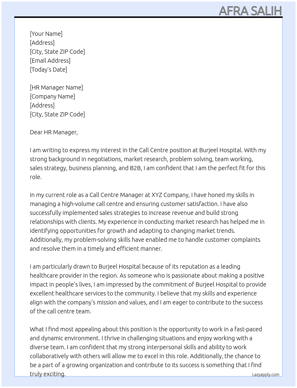 Call centre  At Burjeel hospital  Cover Letter