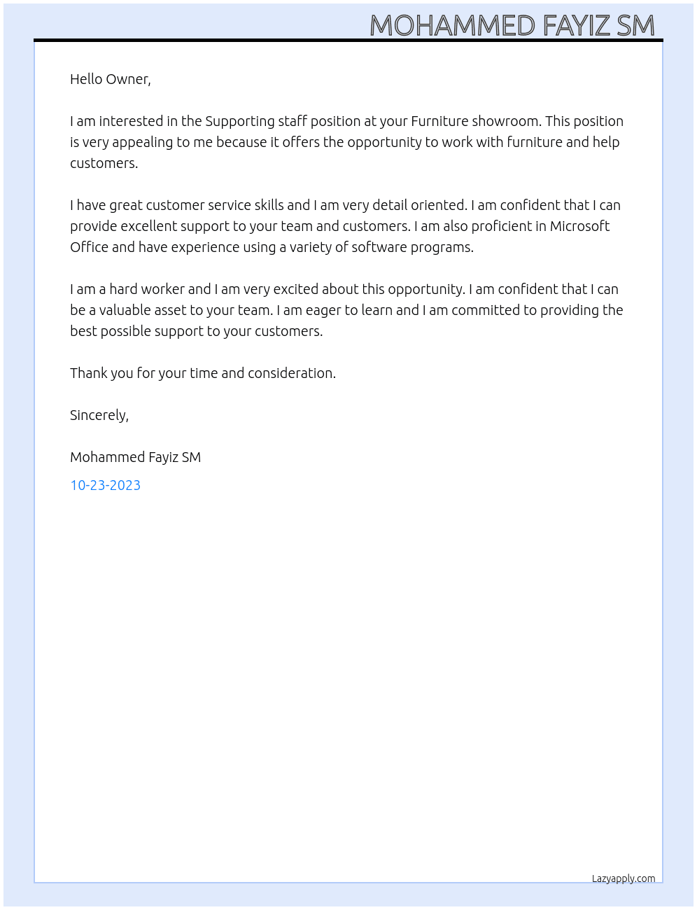 Supporting staff  At Furniture showroom  Cover Letter