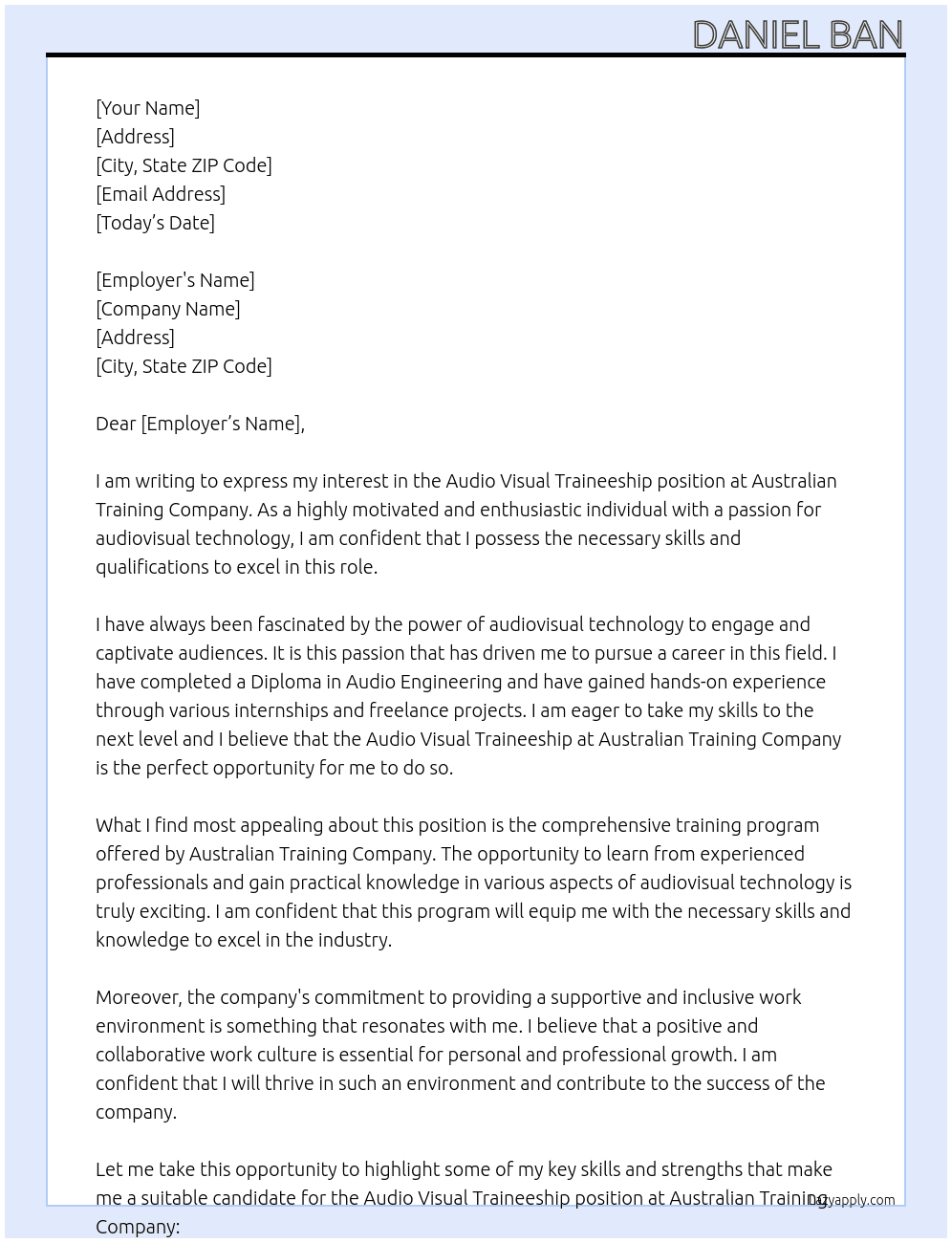 Audio Visual Traineeship At Australian Training Company Cover Letter