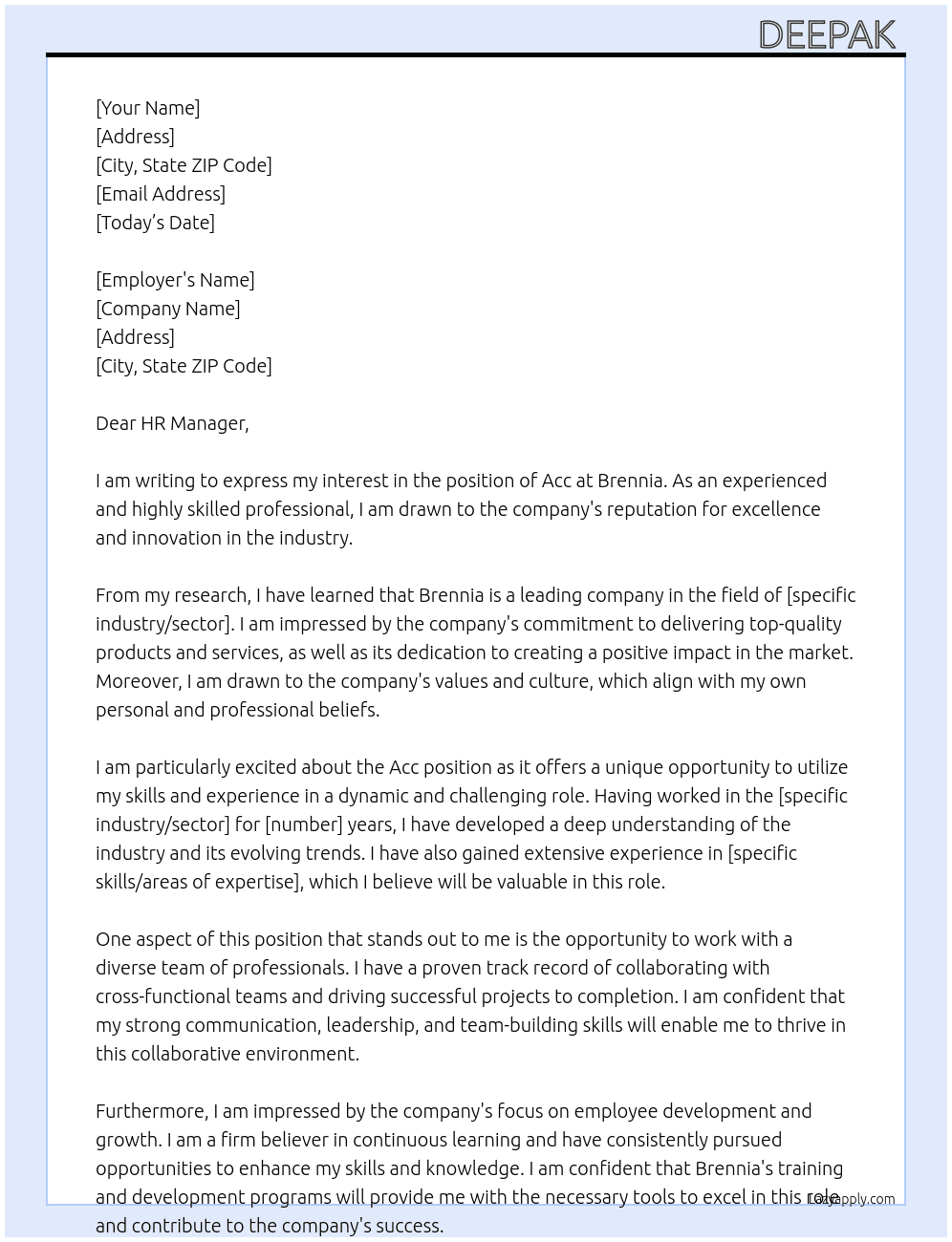 Acc At Brennia  Cover Letter