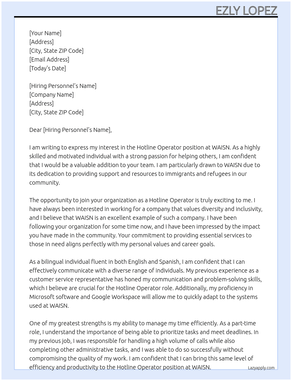 Hotline Operator At WAISN Cover Letter