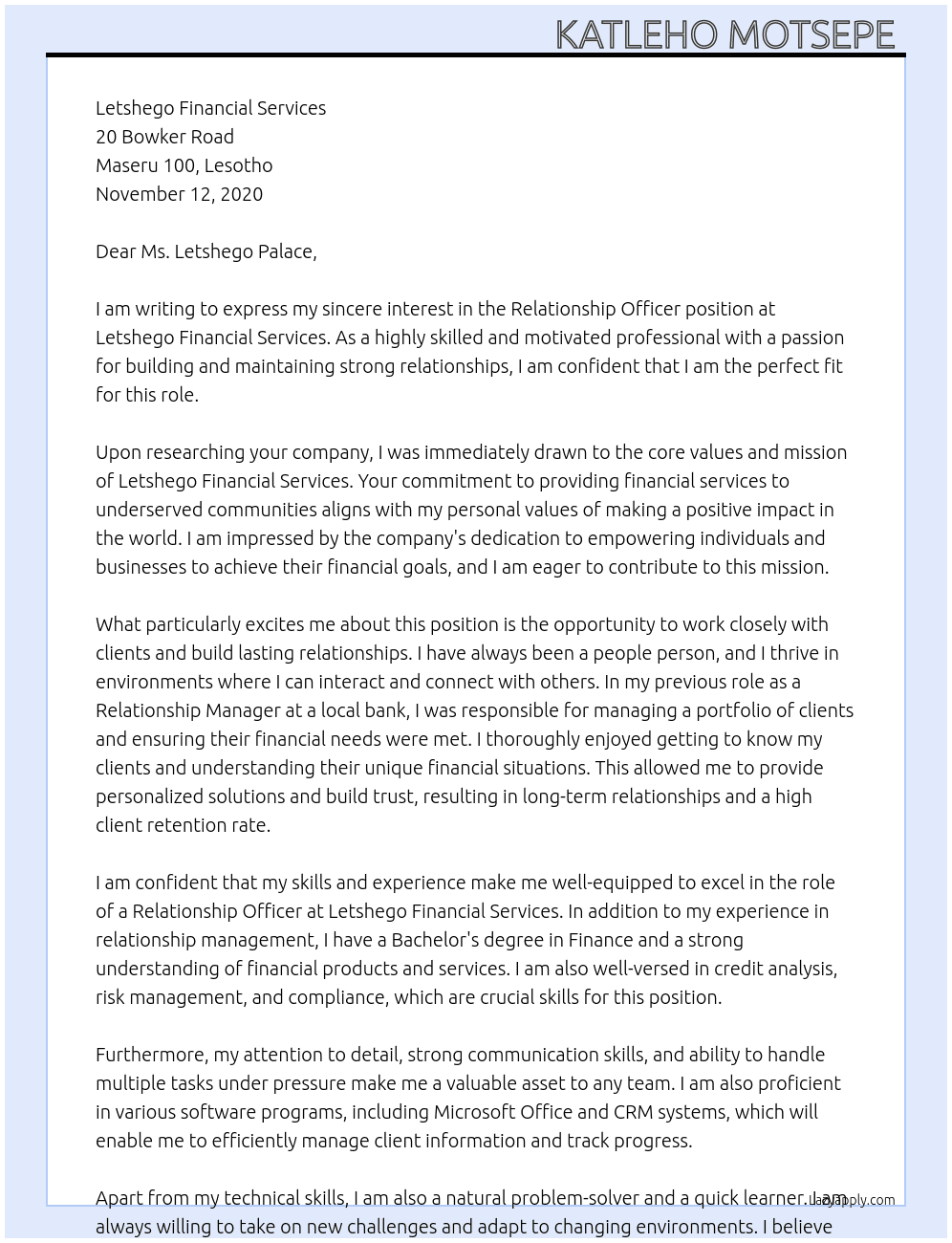 Relationship Officer  At Letshego Financial Services  Cover Letter