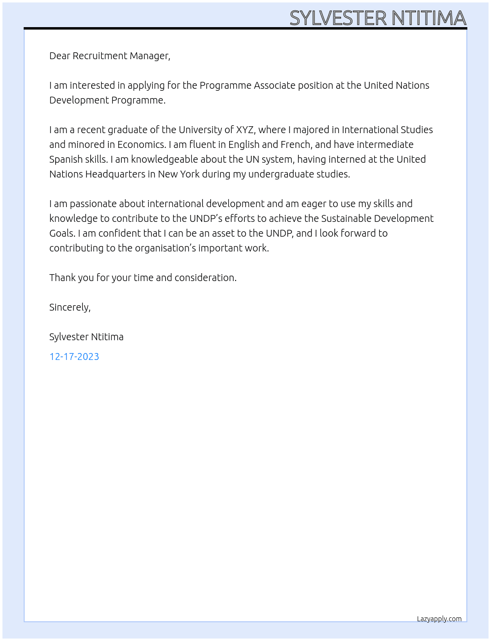Programme Associate At United Nations Development Programme Cover Letter