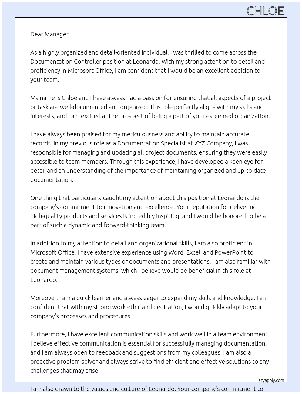Documentation controller At Leonardo Cover Letter