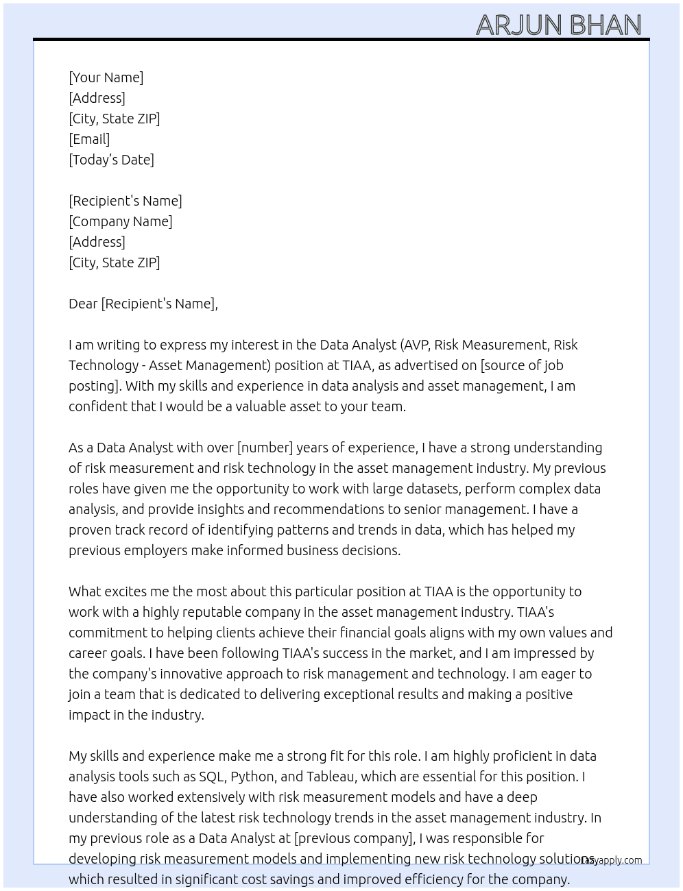 Data Analyst (AVP, Risk Measurement, Risk Technology - Asset Management) At TIAA Cover Letter