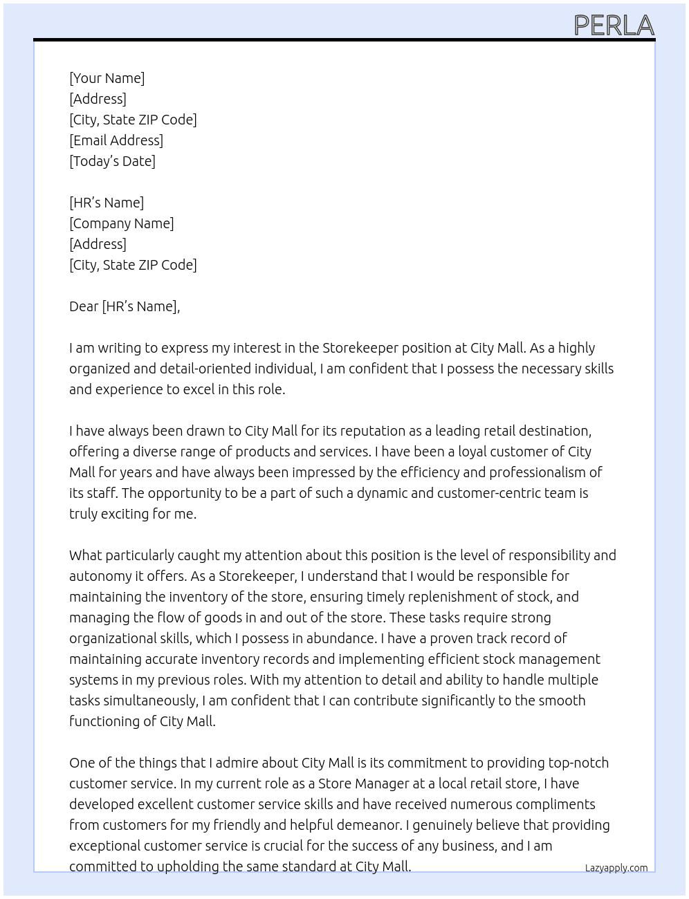 storekeeper At city mall Cover Letter