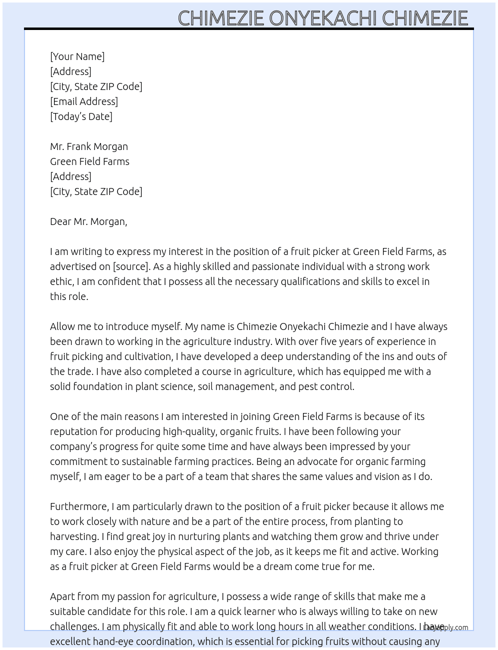 fruit picker  At green field farms Cover Letter