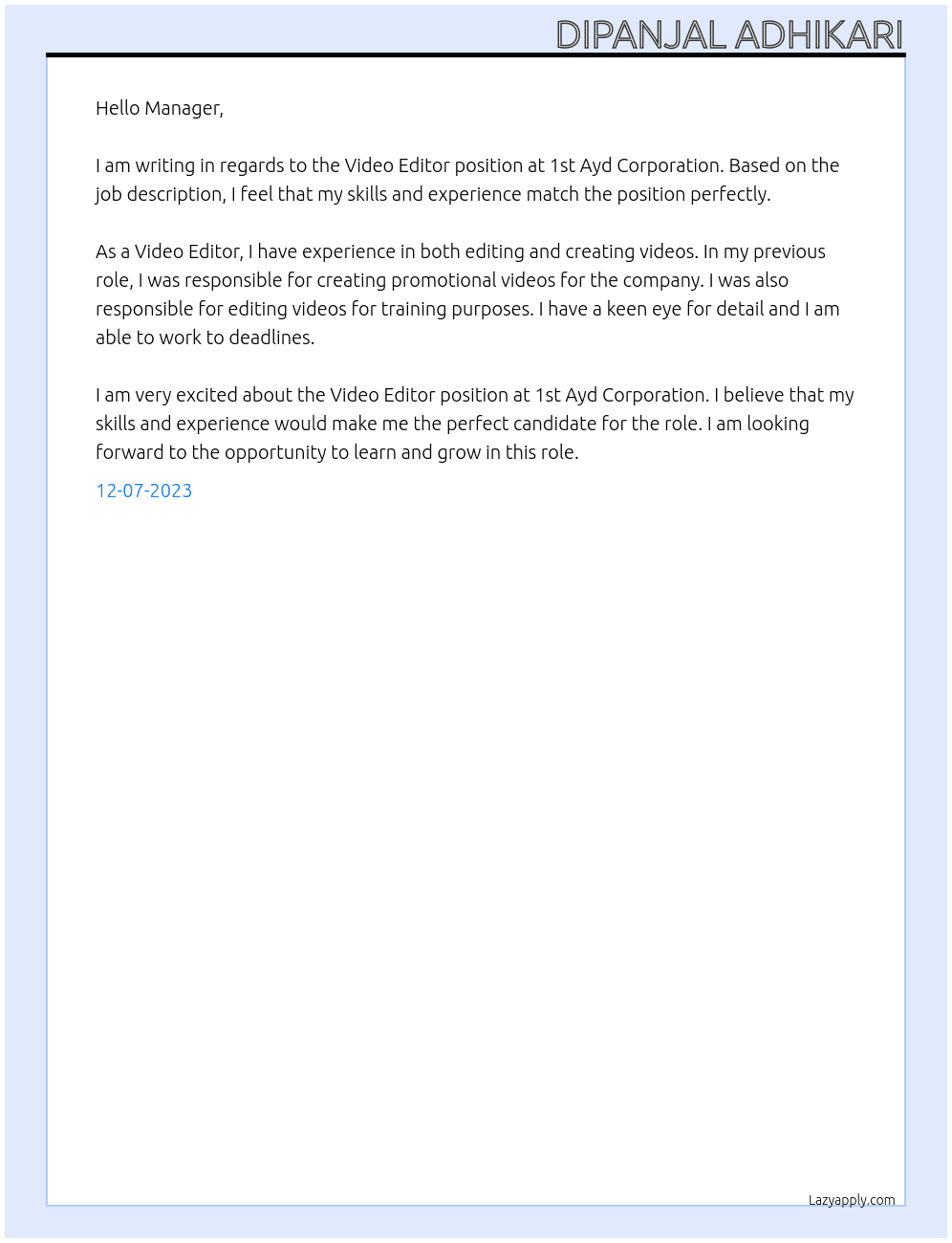 Video Editor At 1st Ayd Corporation Cover Letter