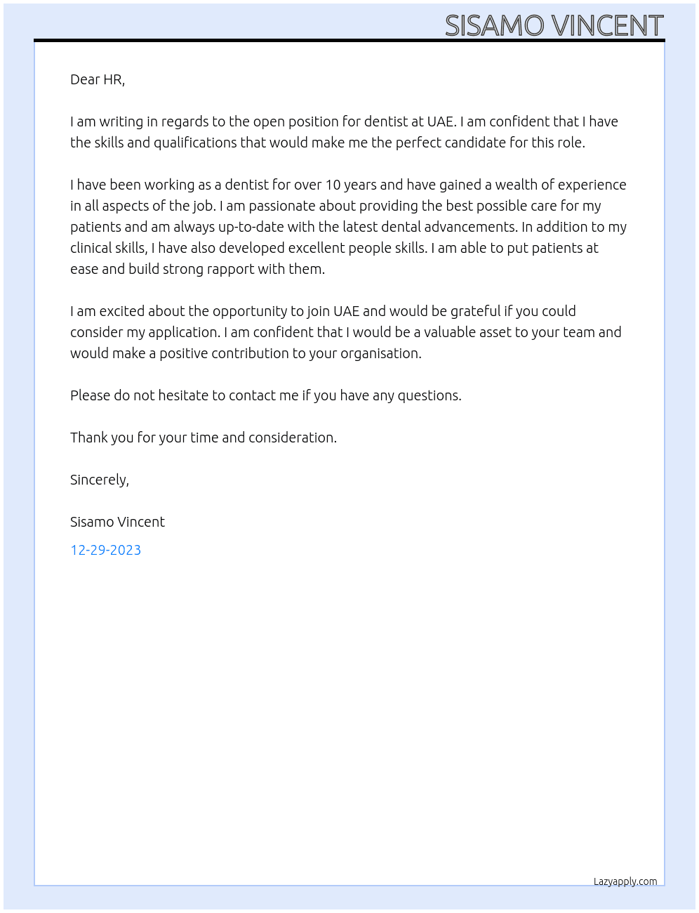 dentist At UAE Cover Letter