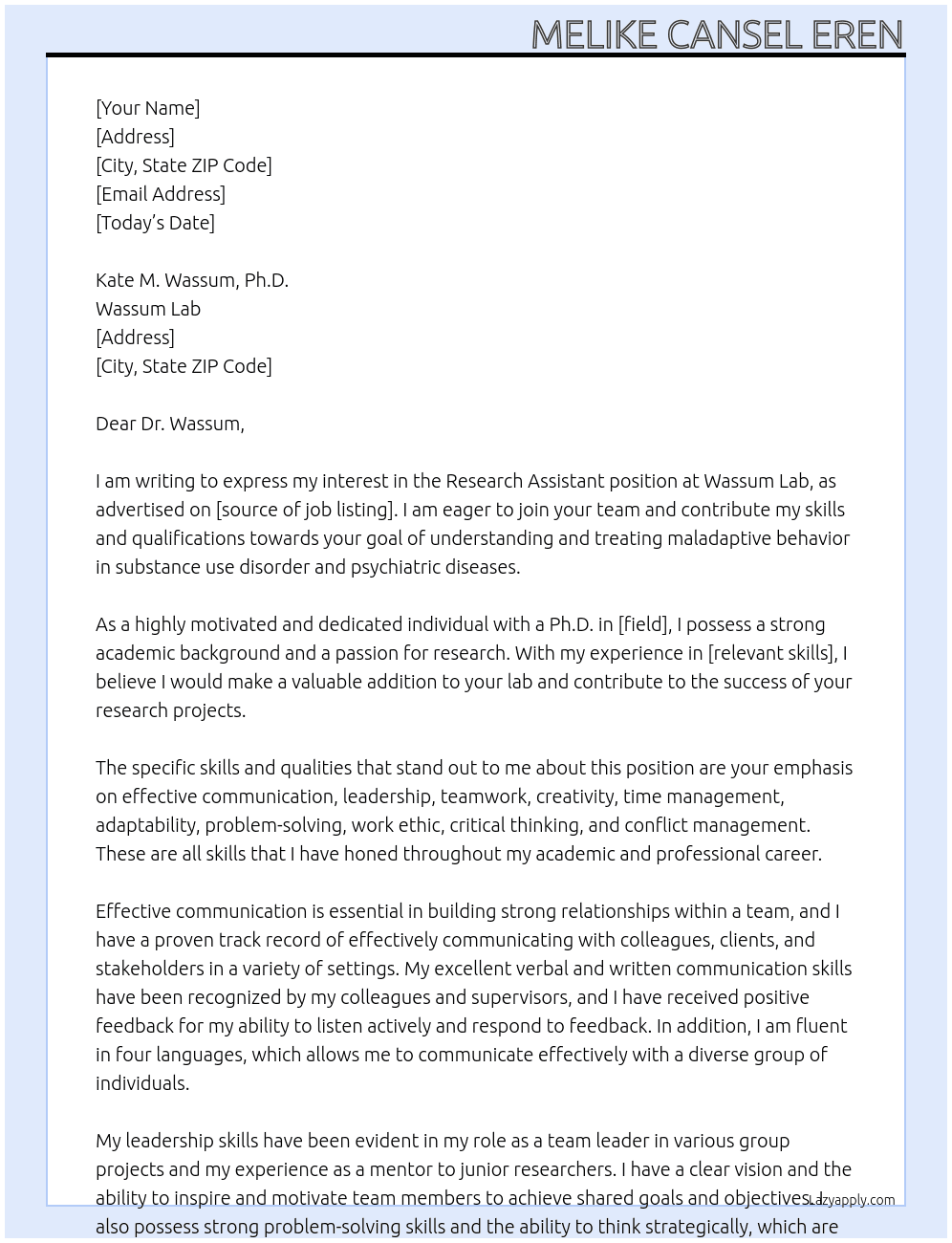 Research Assistant  At Wassum Lab  Cover Letter