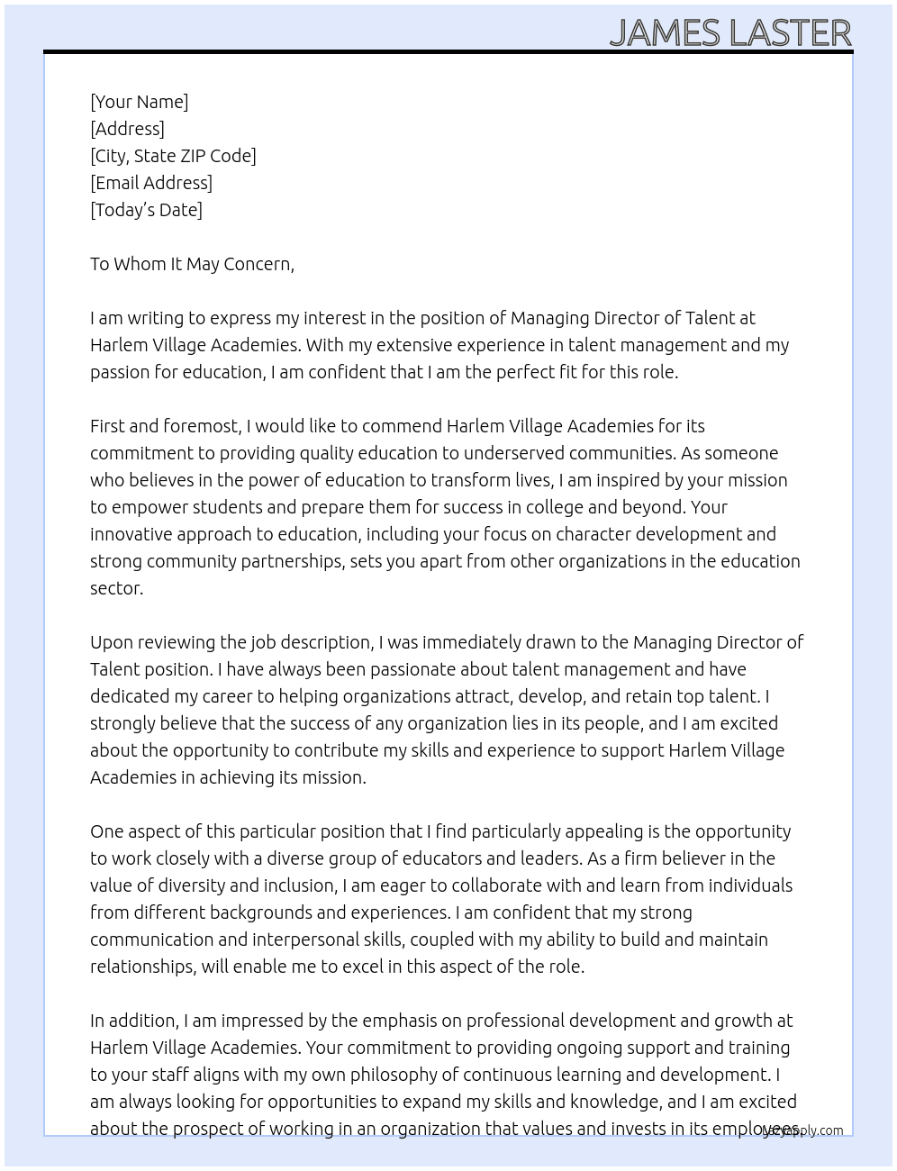 Managing Director of Talent At Harlem Village Academies Cover Letter