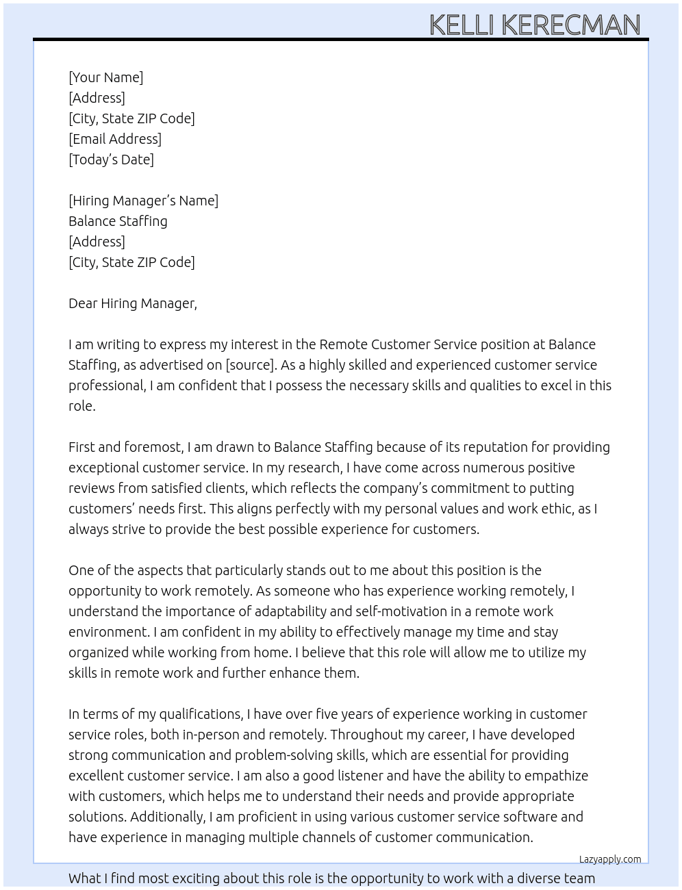 Remote Customer Service  At Balance Staffing Cover Letter