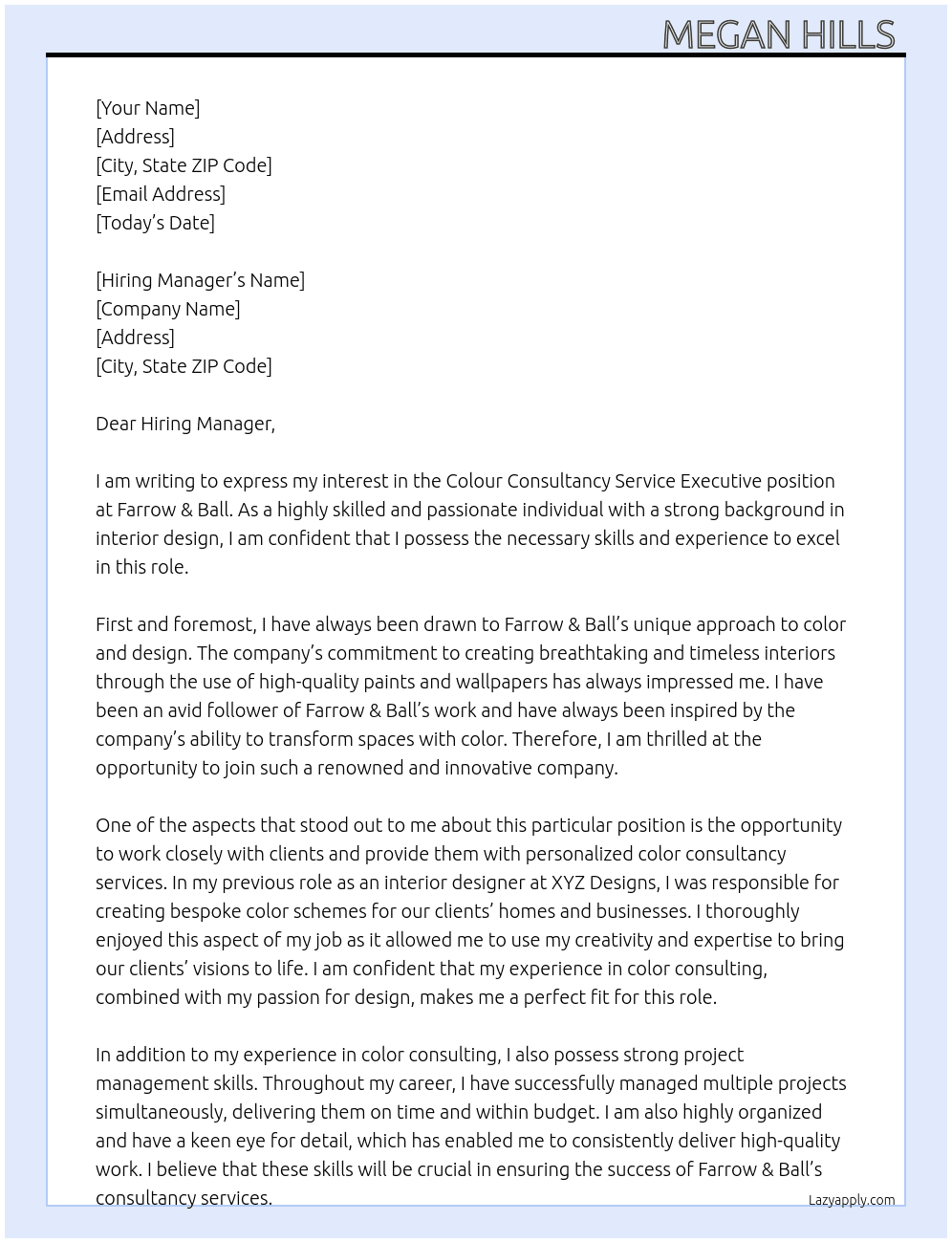 Colour Consultancy Service Executive At Farrow & Ball  Cover Letter