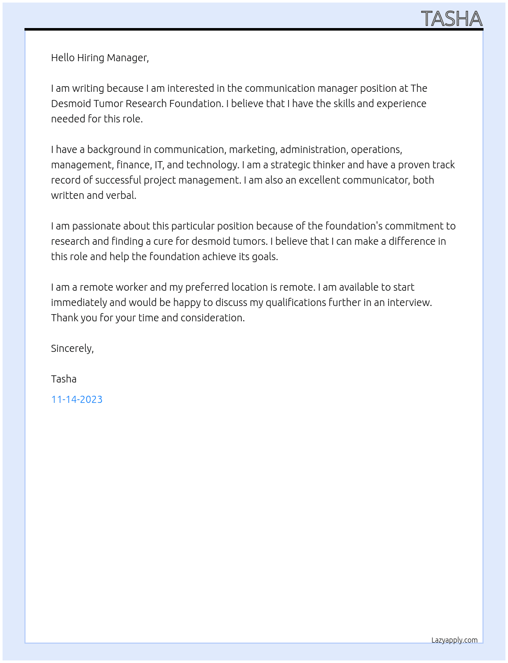 communication manager At The Desmoid Tumor Research Foundation Cover Letter