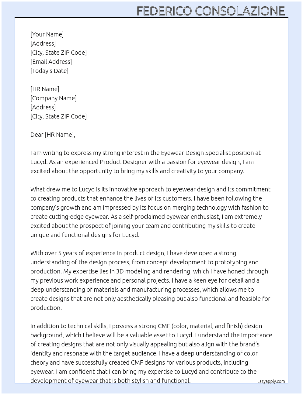 Eyewear Design Specialist - Product designer At Lucyd Cover Letter