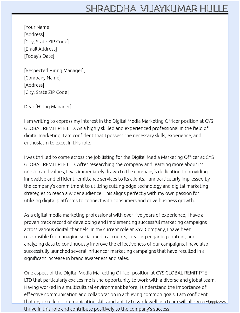 Digital Media Marketing Officer At CYS GLOBAL REMIT PTE LTD Cover Letter