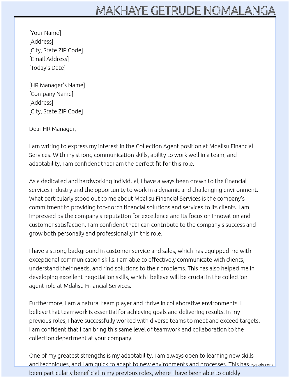 Collection agent At Mdalisu Financial Services  Cover Letter
