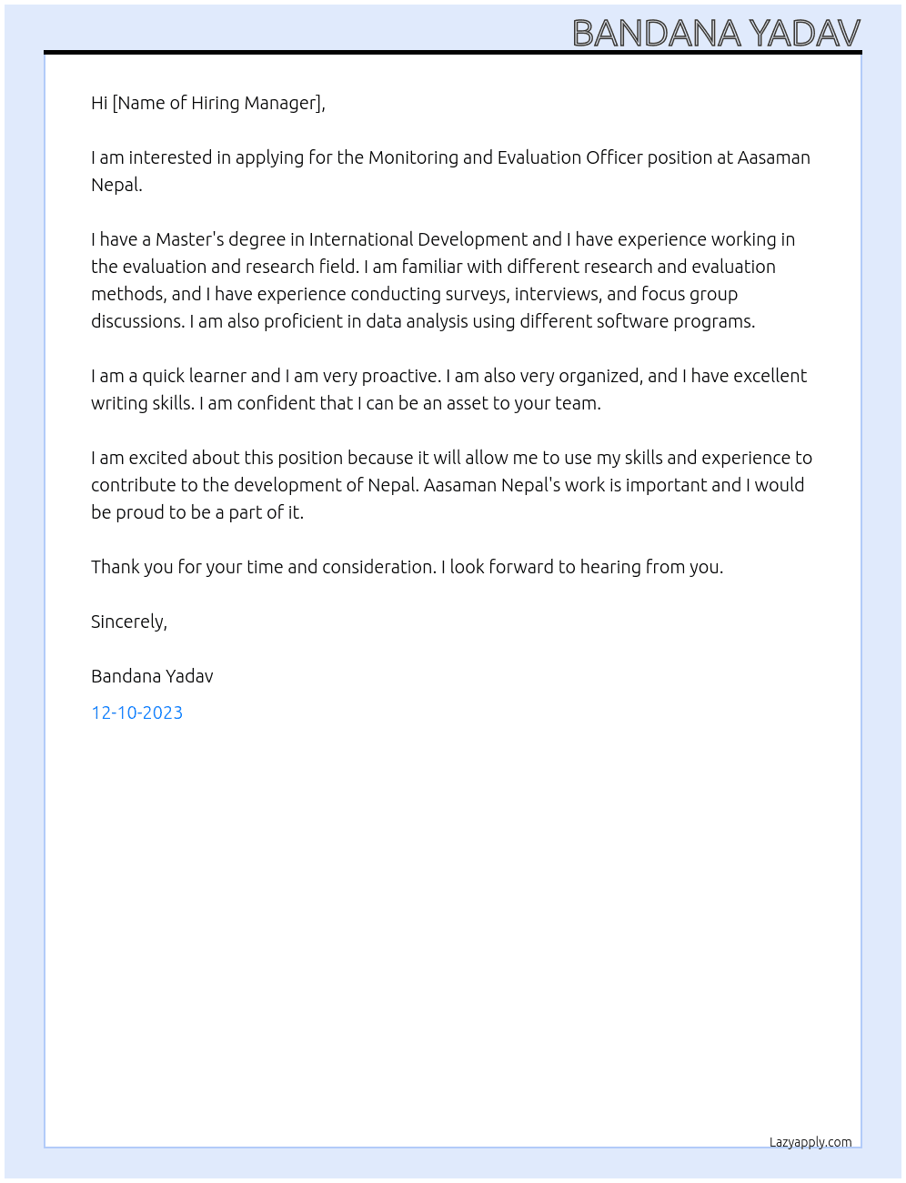Monitoring and evaluation officer At Aasaman nepal Cover Letter