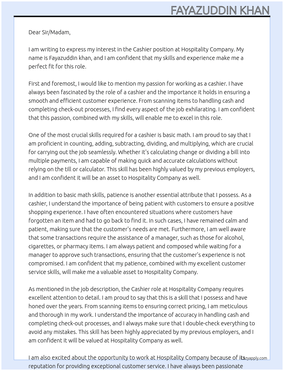 Cashier  At Hospitality Company  Cover Letter