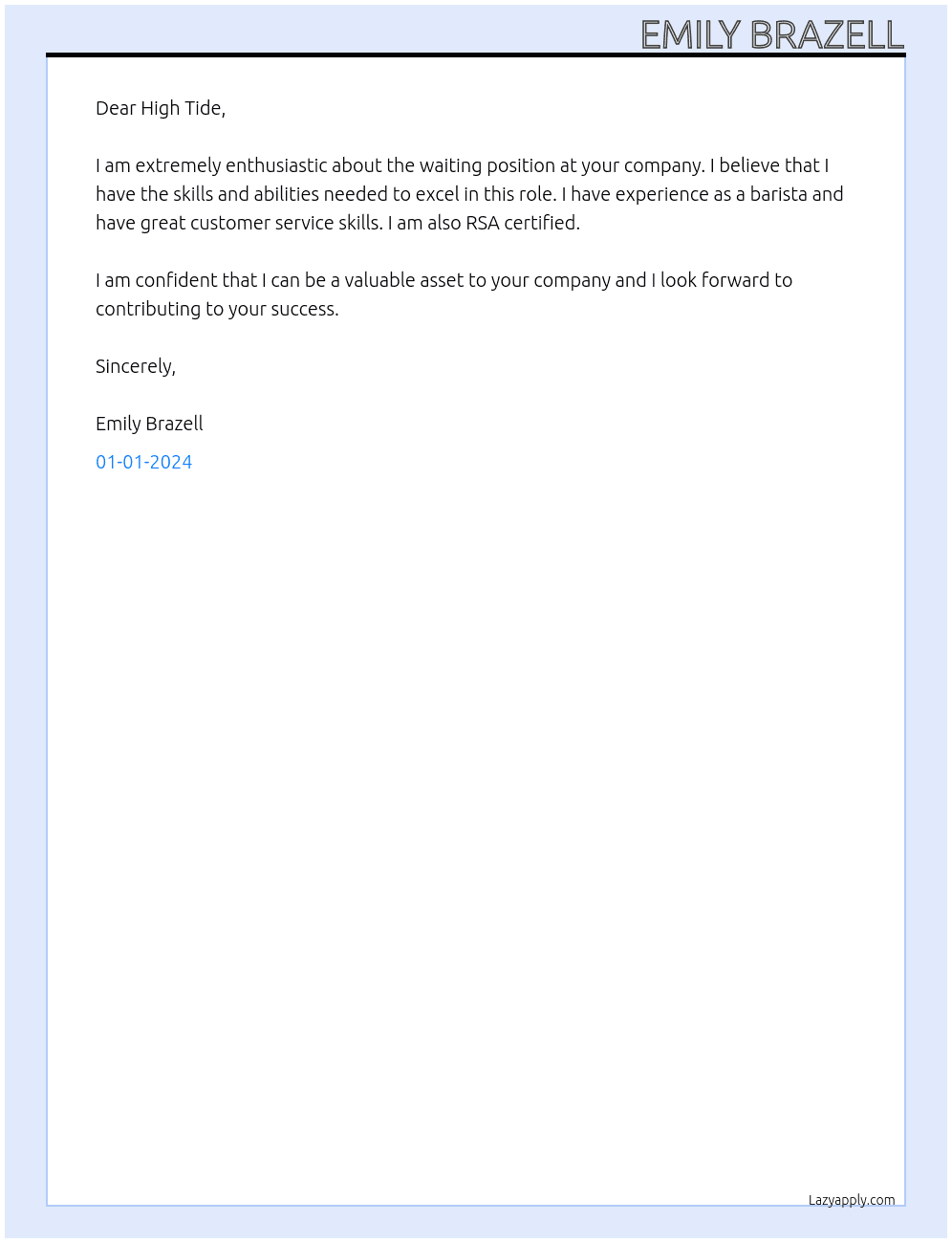 Waiting position  At High Tide  Cover Letter