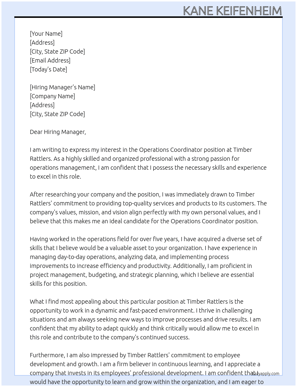 Operations Coordinator At Timber Rattlers Cover Letter