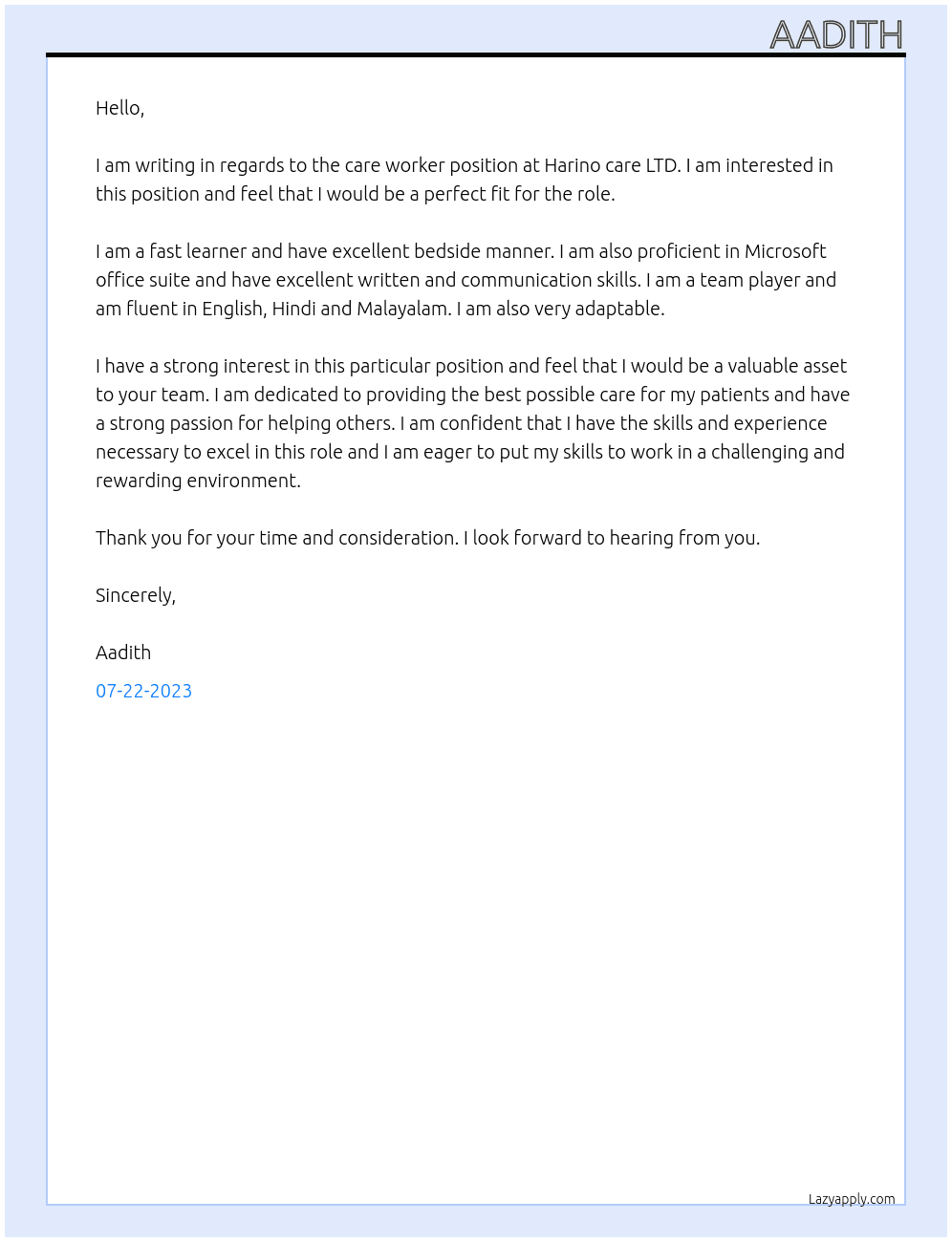 care worker At Harino care LTD Cover Letter