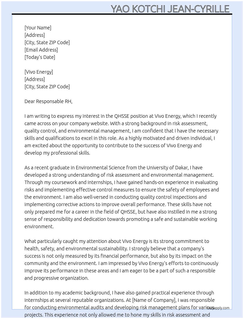 QHSSE At Vivo Energy   Cover Letter