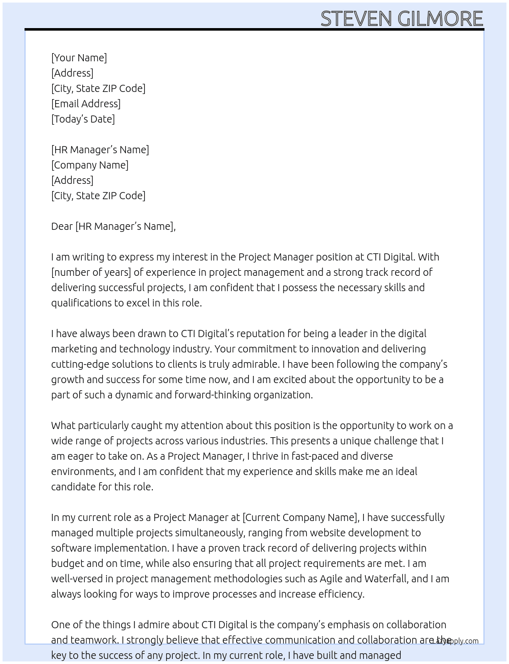 Project manager At CTI Digital Cover Letter