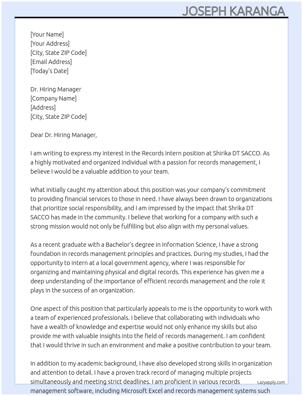 RECORDS INTERNS At SHIRIKA DT SACCO  Cover Letter