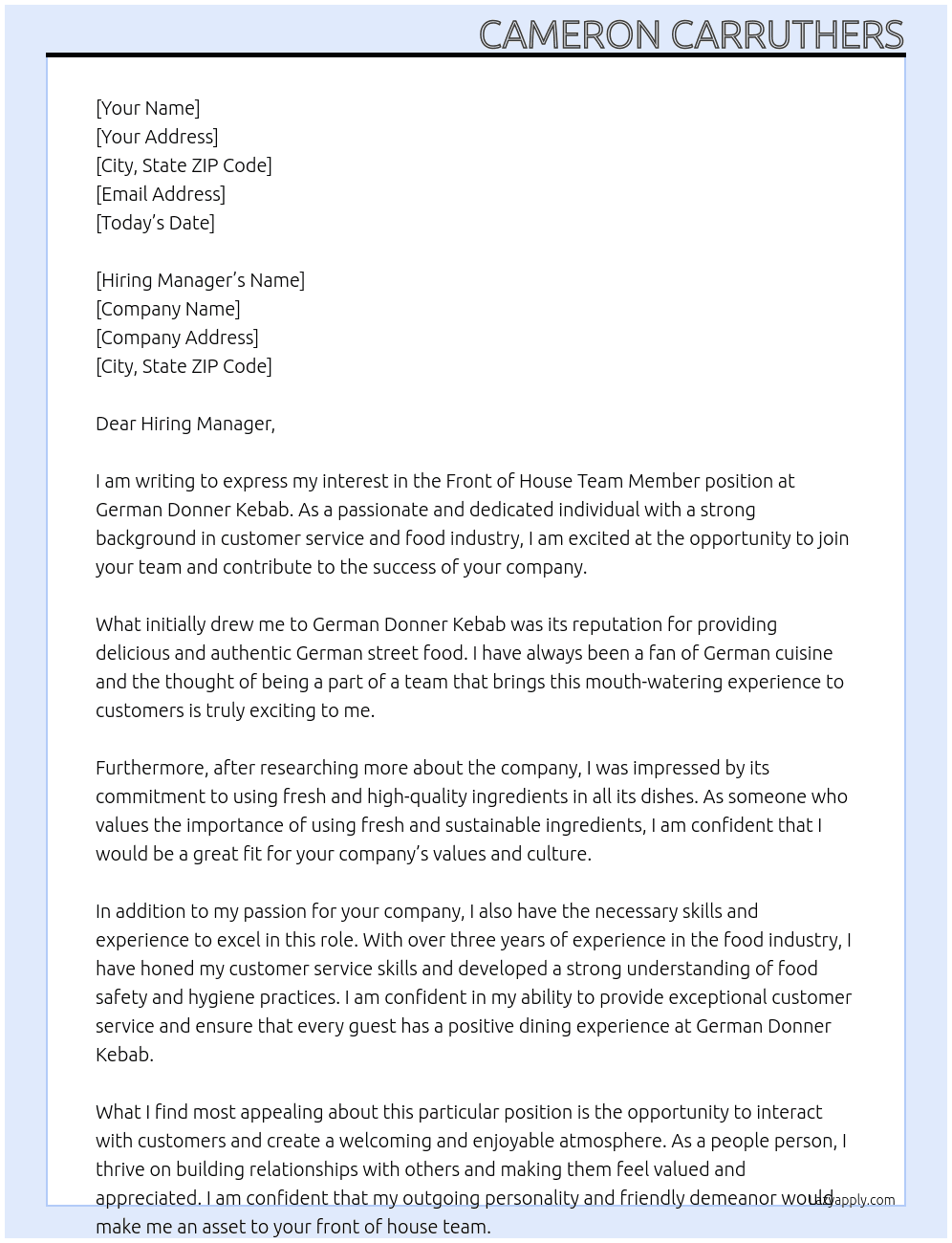 Front of House Team Member  At German Donner Kebab  Cover Letter