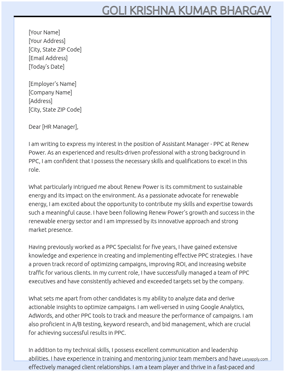 Assistant Manager - PPC  At Renew Power Cover Letter